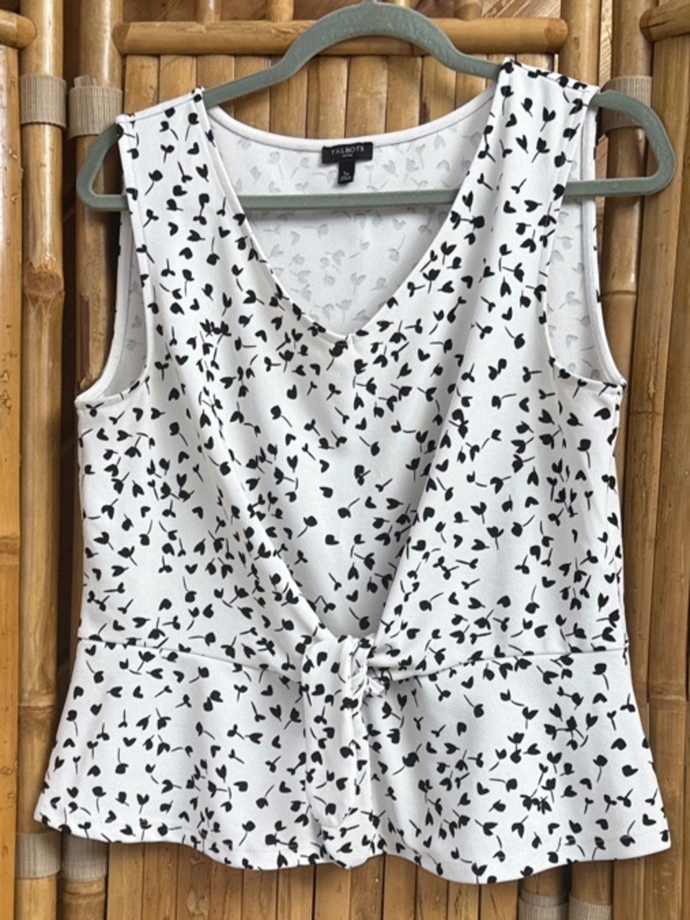 Talbots White Tank with Black Leaf Print and Front Tie. Size Lp